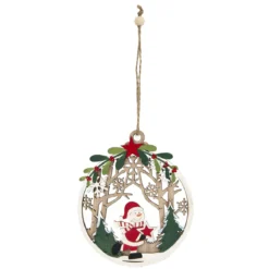 SUSPENSION BOIS AJOURE BONHOMME NEIGE ROUGE VERT D.11CM