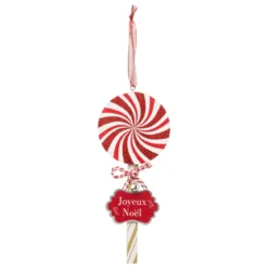 SUSPENSION BOIS BONBON ROND ROUGE BLANC 21CM