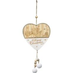 SUSPENSION BOIS COEUR BLANC POMPON