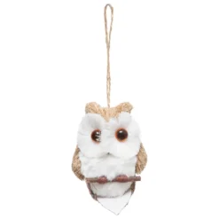 SUSPENSION HIBOU FOURRURE BEIGE 19CM