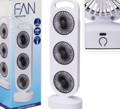 VENTILATEUR DE TABLE 3 HELICES RECHARGEABLE BLANC 37X12X8CM
