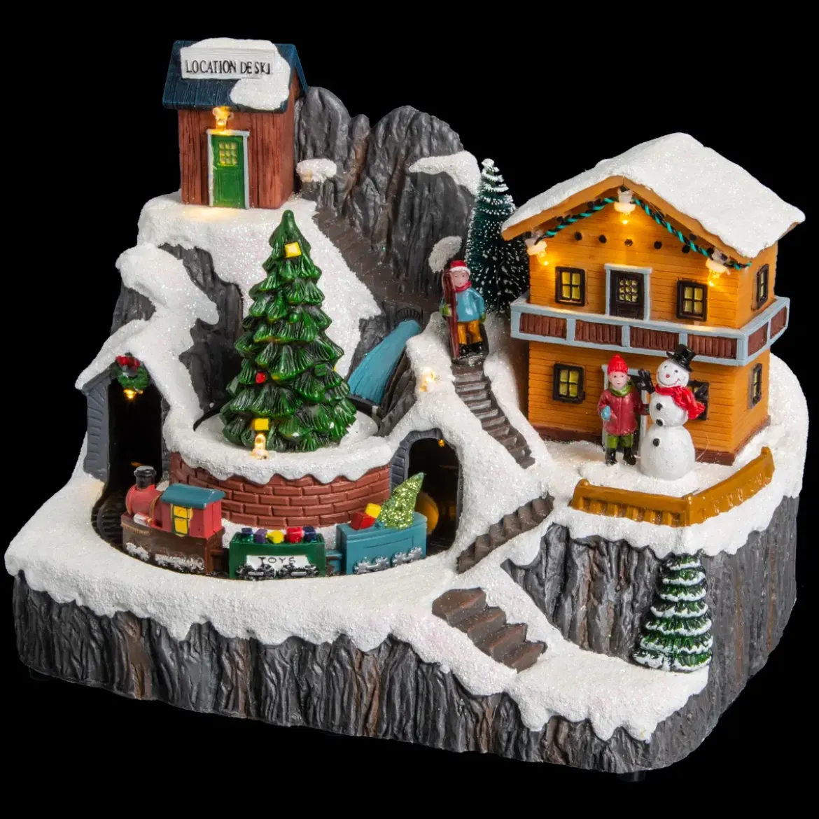 VILLAGE DE NOEL CHALET MONTAGNE AVEC TRAIN A PILE 8 LEDS